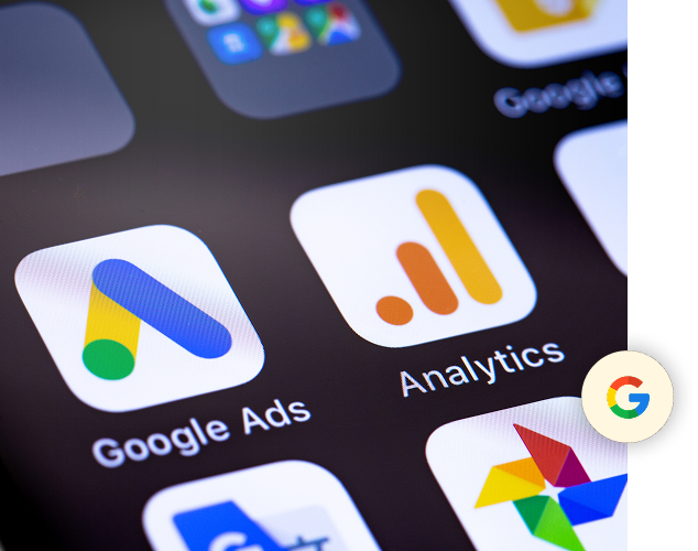 Phone screen showing Google Ads and Analytics icons