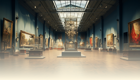Long museum gallery hallway with tiled flooring